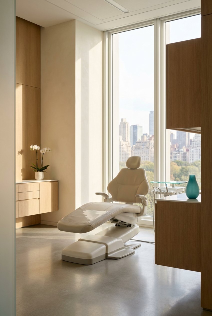 Calm, modern dental suite with a Manhattan skyline view